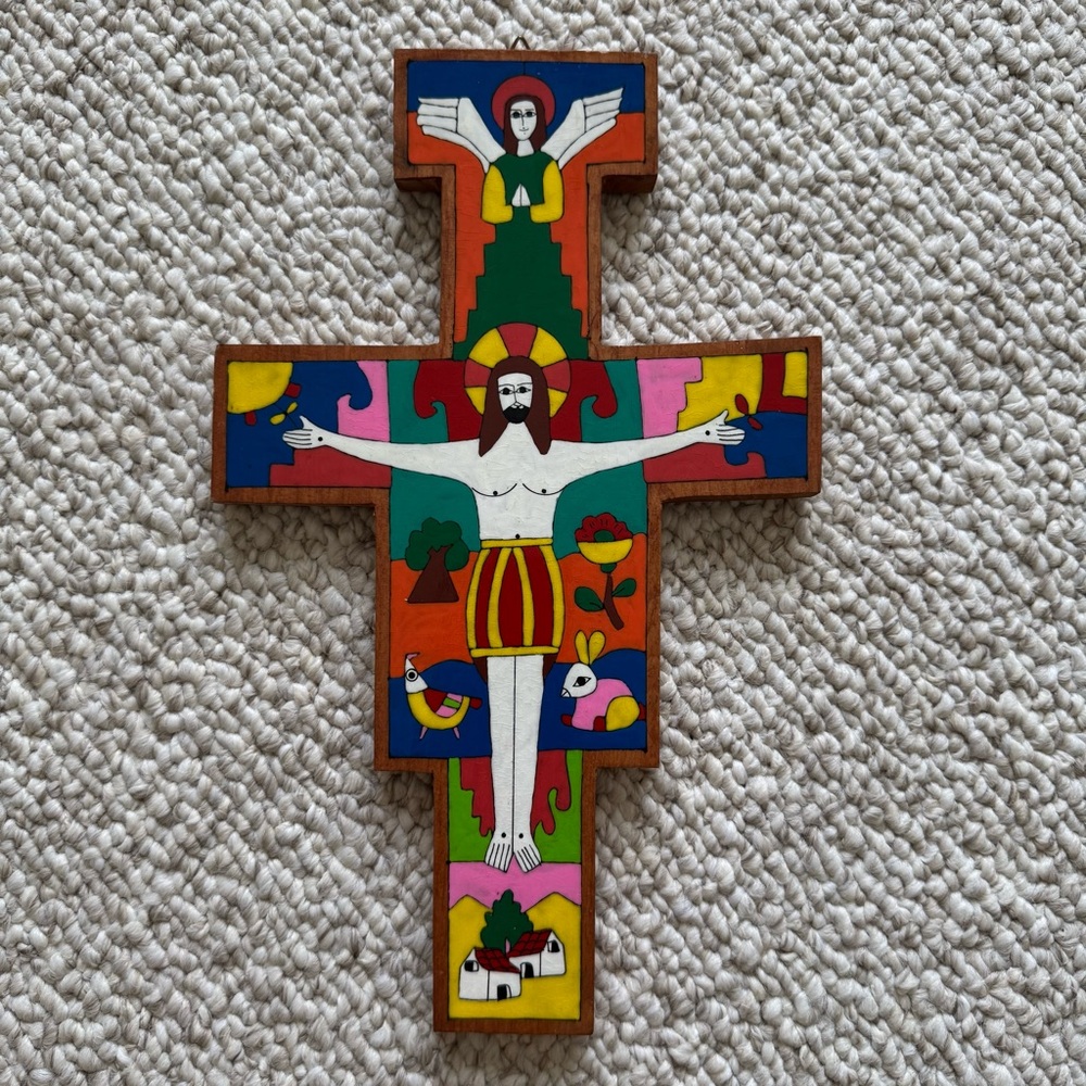 Vintage Handmade Handpainted El Salvador Salvadorian Christian Wooden Cross Art